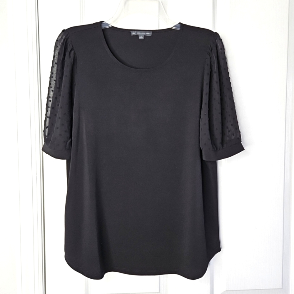 Adrianna Papell Puff Sleeve Blouse Size M Black Stretch Swiss Dot Short Sleeve